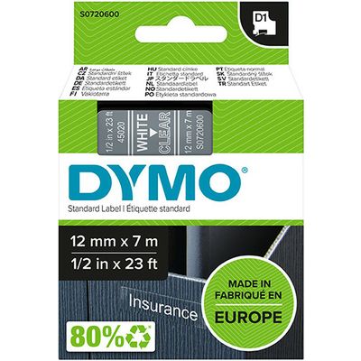 Dymo 45020 (S0720600) Tape Wit op transparant (12 mm)