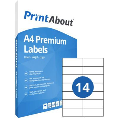 PrintAbout Premium A4 stickervel 14 per vel (105mm x 42,3mm)
