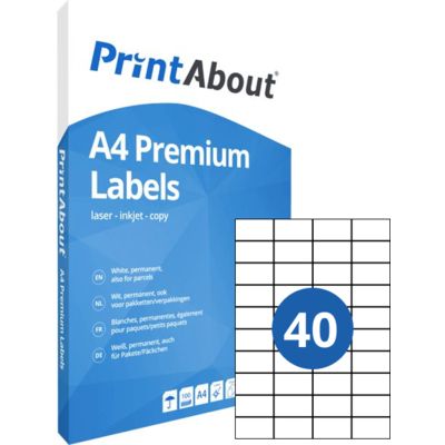 PrintAbout Premium A4 feuille d'autocollants 40 par feuille (52,5mm x 29,7mm)