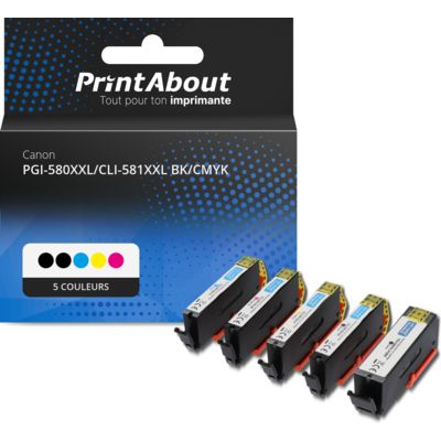 Cartouche compatible Canon PGI-580XXL PGBK/CLI-581XXL BK/CMYK - 5 couleurs - Très grande capacité - Multipack