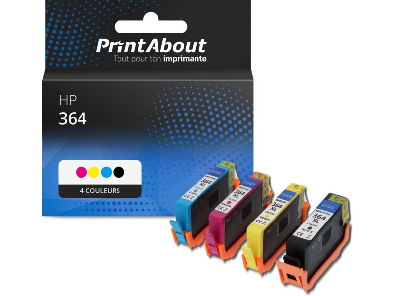 Lot De 4 Cartouches HP 364 (XL) : 1 Jaune XL, 1 Bleu XL, 2 Magenta - Neuves