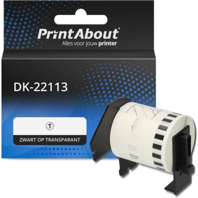 PrintAbout Huismerk vervangt Brother DK-22113 Etiket Zwart op transparant (62 mm)