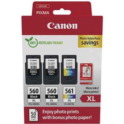 Canon PG-560 + PG-560 + PG-561 photo value pack (PG-560XL) Inktcartridge Zwart + 3 kleuren Multipack