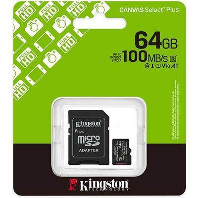 Kingston 64GB microSDXC Canvas Select Plus Gen3 100MB/s A1 Card + Adapter SD-kaart